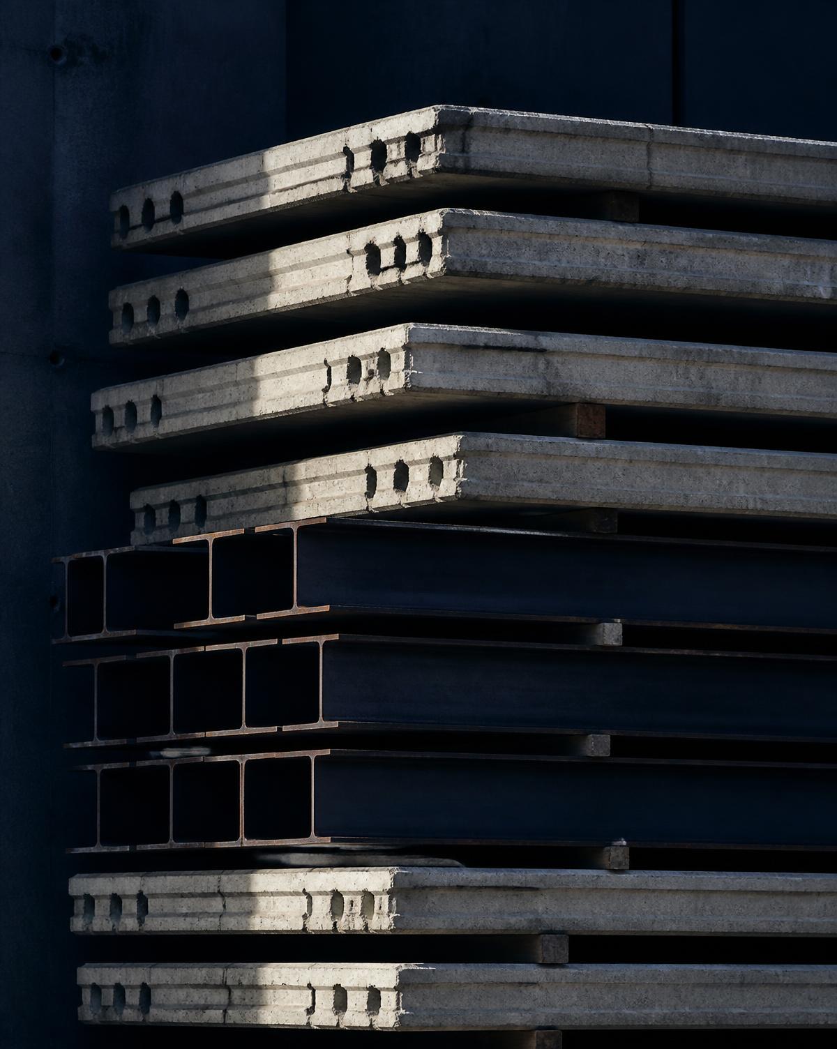 Stacked precast concrete slabs and steel beams in dramatic side light