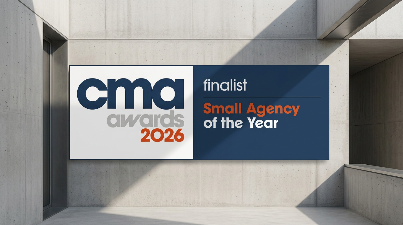 Construction Marketing Awards 2026 Small Agency of the Year finalist graphic displayed in a modern architectural setting