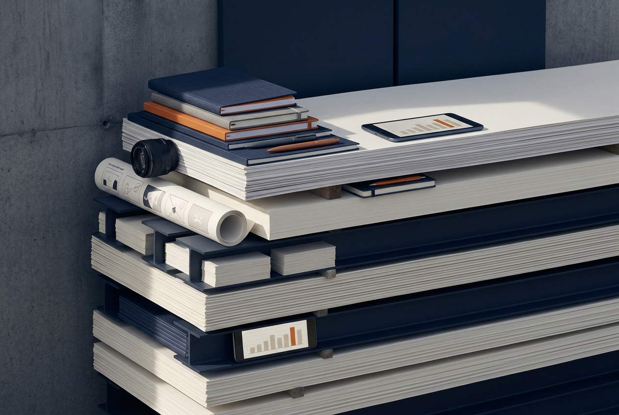 Stacked marketing materials, print collateral, camera and data forming a structural stack