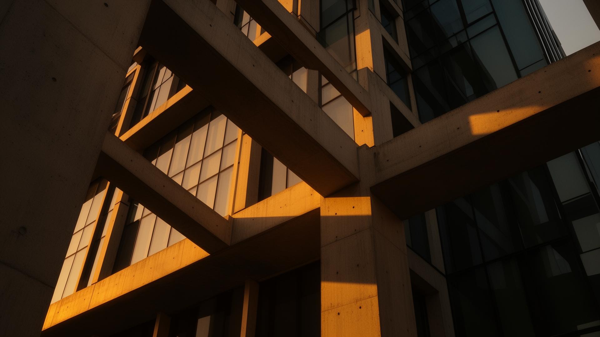 Architectural concrete and glass facade in golden light